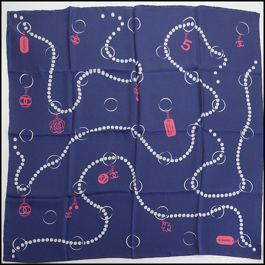 RDC12690 Authentic CHANEL Navy Pearls Charms 90cm Silk Scarf
