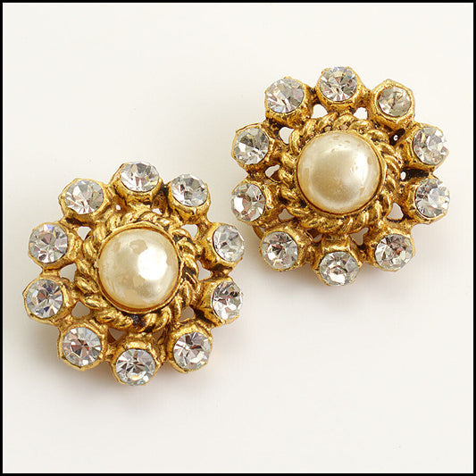 RDC12420 Authentic CHANEL Vintage Rhinestones Pearl Button Clip-On Earrings