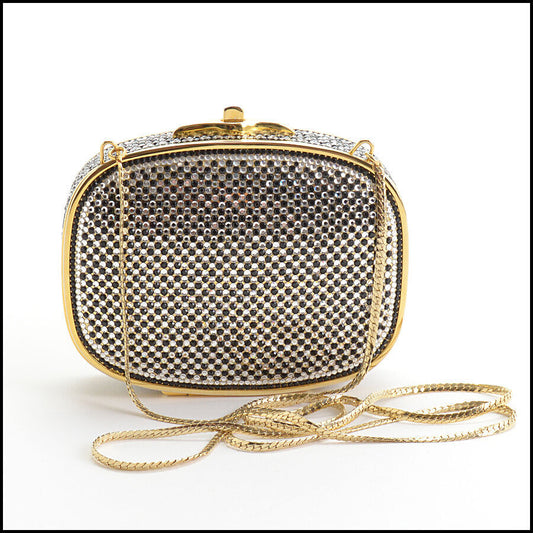 RDC13043 Authentic JUDITH LEIBER Black & Clear Crystal Minaudiere Evening Bag Clutch