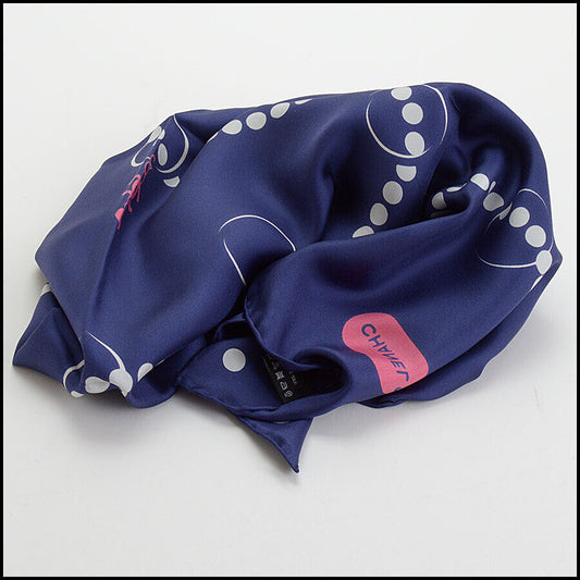 RDC12690 Authentic CHANEL Navy Pearls Charms 90cm Silk Scarf