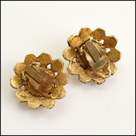RDC12420 Authentic CHANEL Vintage Rhinestones Pearl Button Clip-On Earrings
